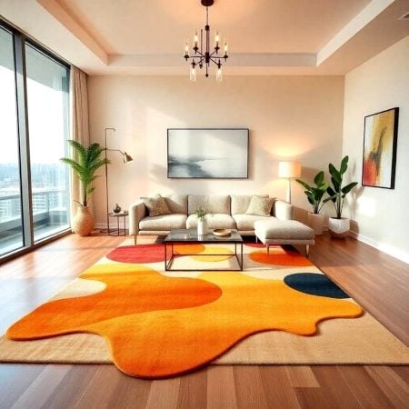 Handcrafted Orange Abstract Freeform Living Room Rug